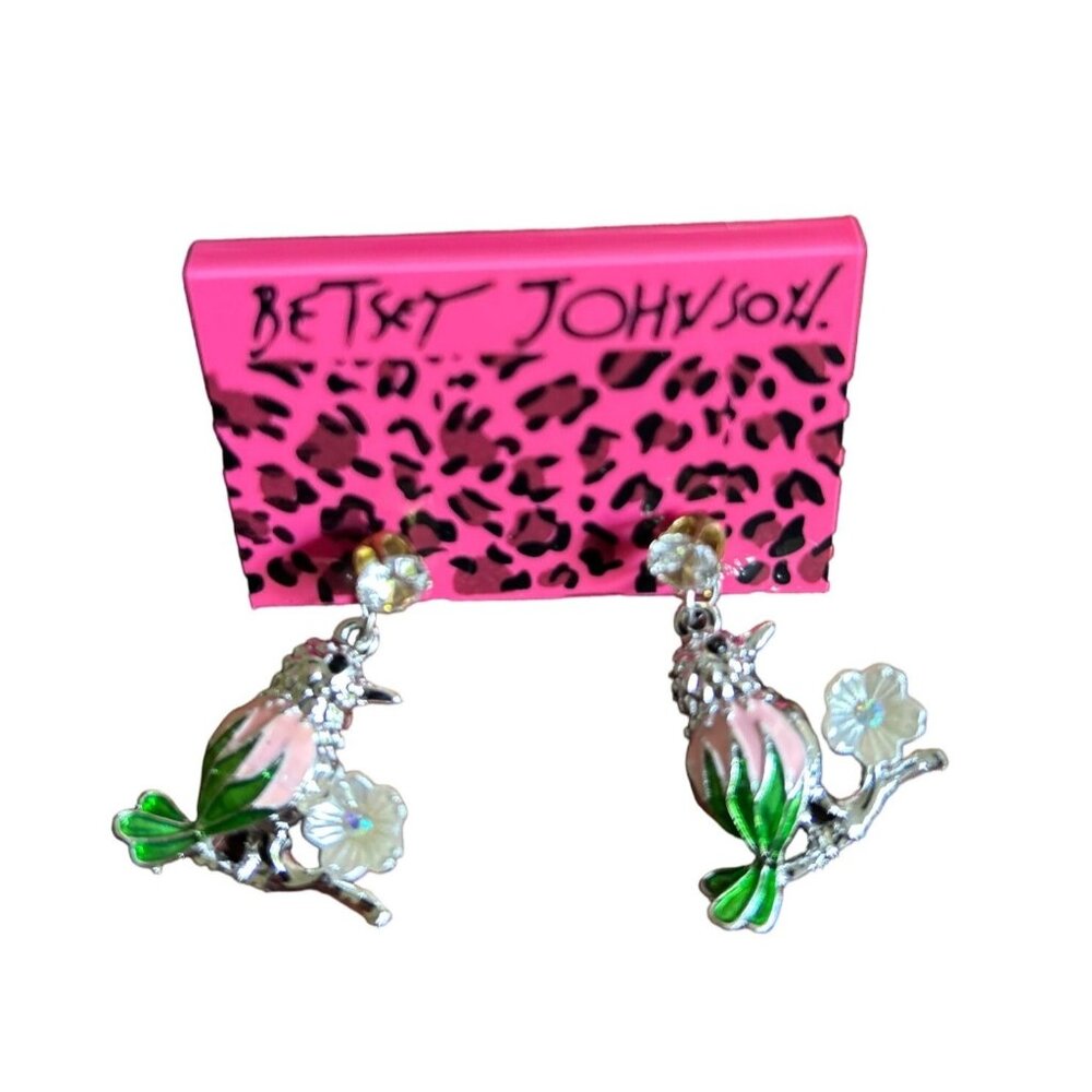 Betsey Johnson Enamel Bird & Flower Drop Earrings